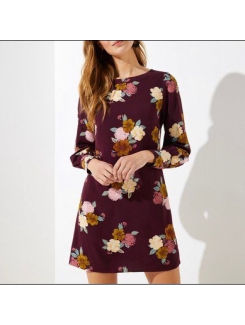 LOFT Floral Shift Dress Womens 4 Plum Purple Long Sleeve Chrysanthemum Mini EUC